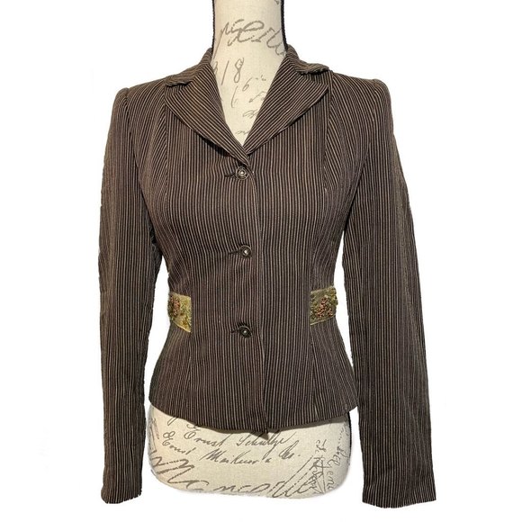 Tempo Paris Jackets & Blazers - NWT Tempo Paris Blazer Brown Pinstripe with beautiful Floral Accent Size 2